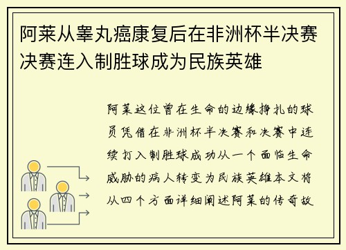 阿莱从睾丸癌康复后在非洲杯半决赛决赛连入制胜球成为民族英雄 阿莱从睾丸癌康复后在非洲杯半决赛决赛连入制胜球成为民族英雄